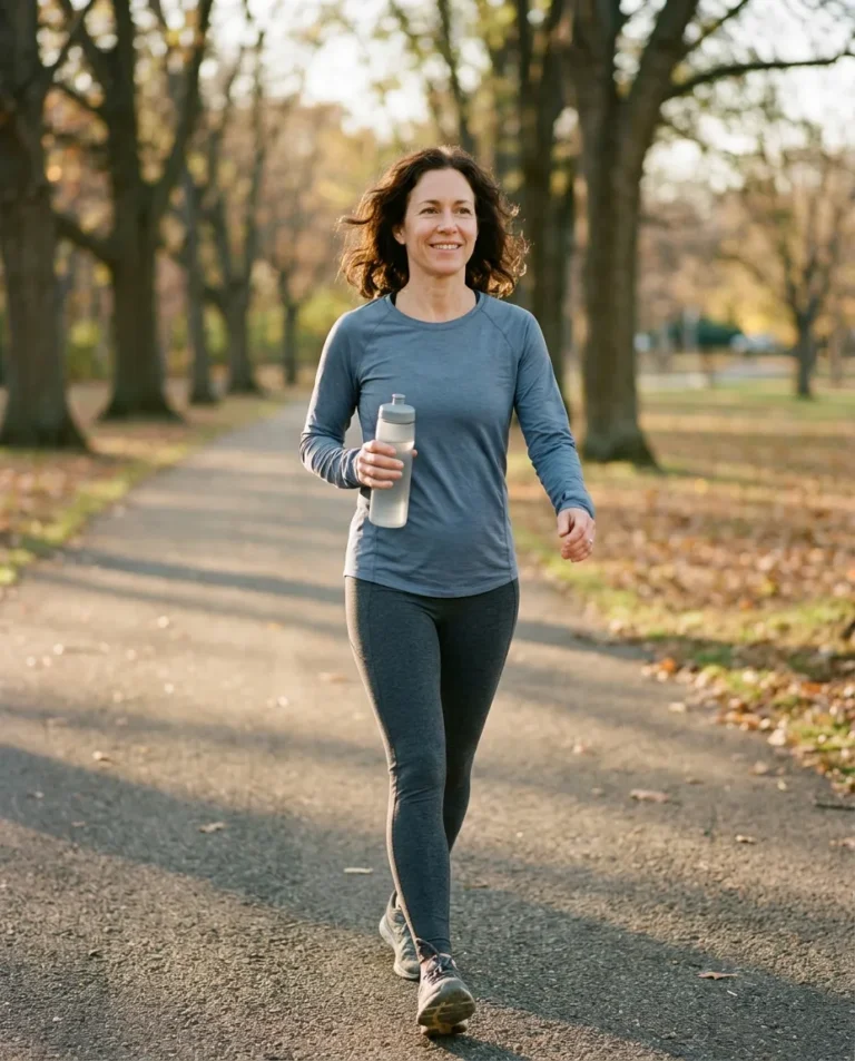 Woman walking outdoors with more energy during her medical weight loss program
