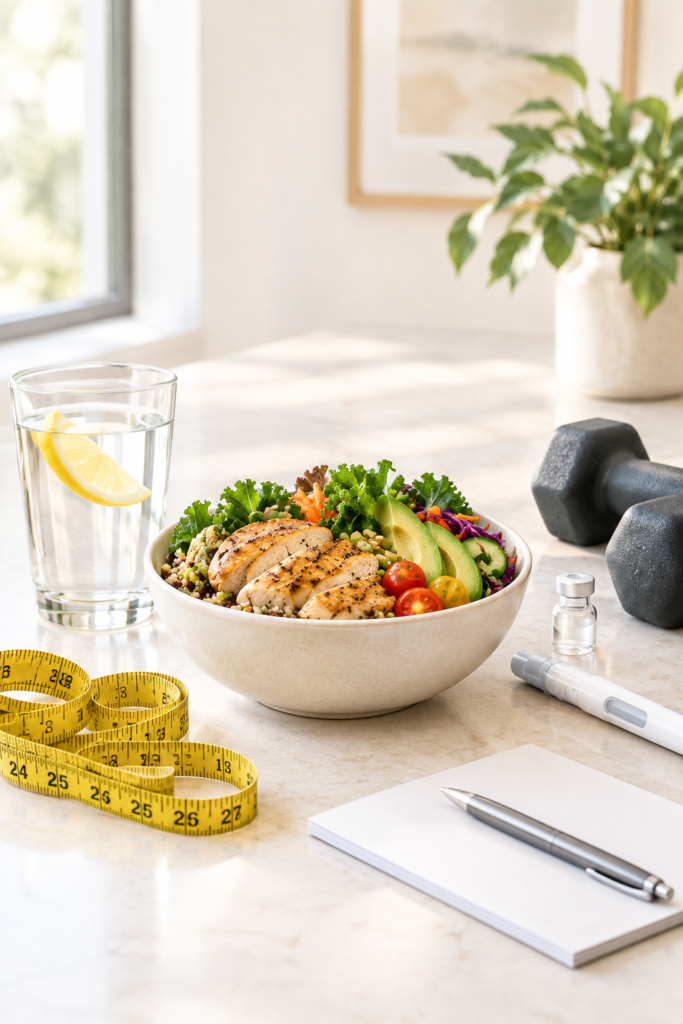 Healthy high-protein meal, water and weights supporting a GLP-1 weight loss plan